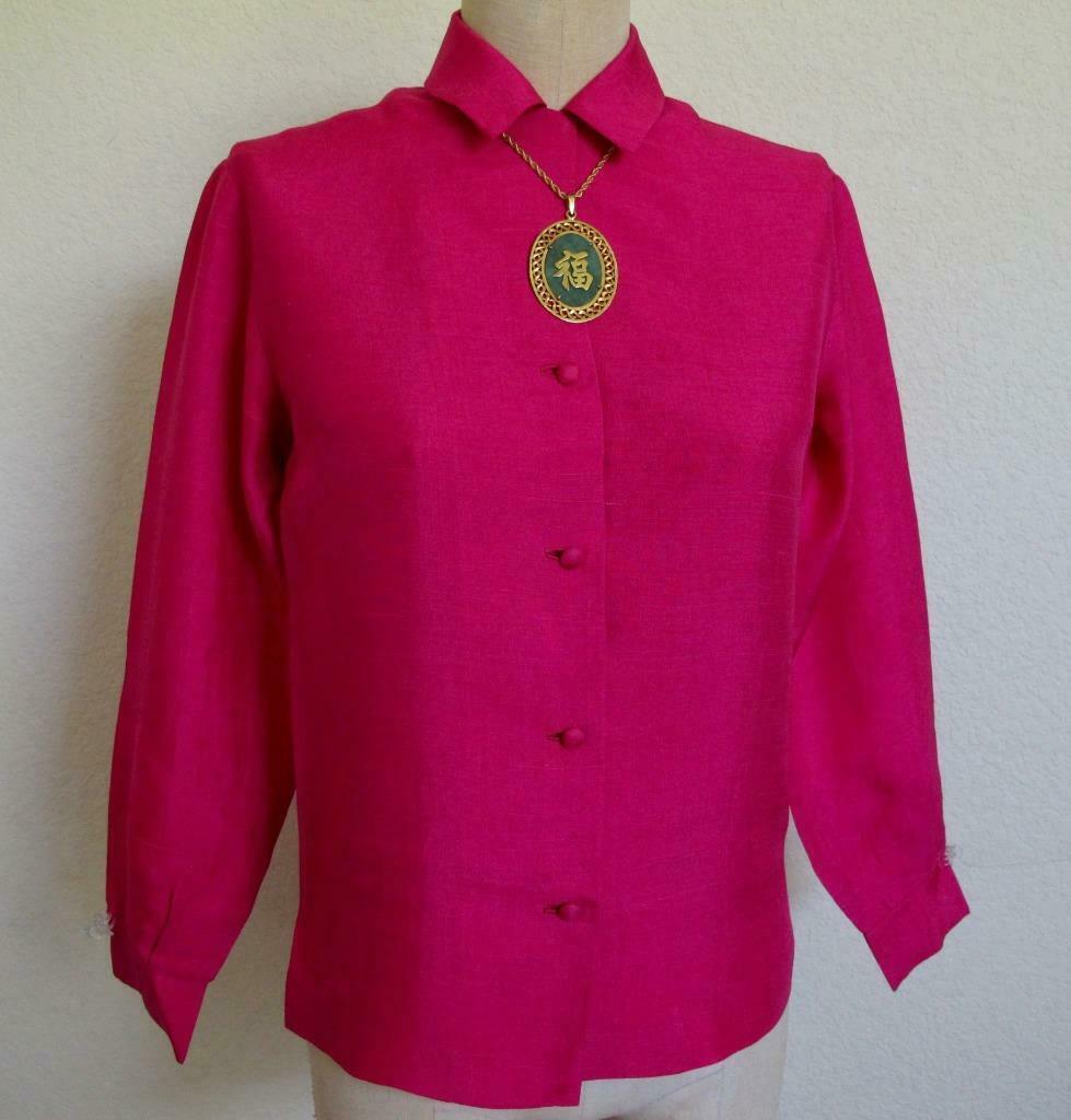 Primary image for Vintage Jan Feldman Hawaii Silk Shantung Blouse S XS Magenta Pink Button Down