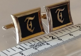 Vintage Men&#39;s Jewelry Cufflinks Monogram Old English Calligraphy Initial T - £12.71 GBP