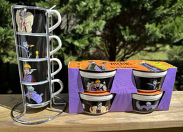 4 Espresso Cups In Rack + Ramekins Disney Villains Cruella Ursula Maleficient - $52.96