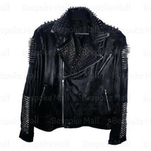 New Men&#39;s Unique Black Silver Spiked Studded Punk  Motorcycle Leather Jacket-818 - £230.20 GBP+