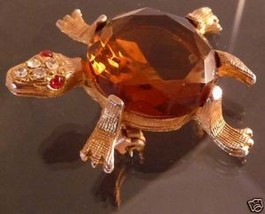 Turtle with Smoky Quartz Shell &amp; Rhinestone Head Brooch - £14.93 GBP