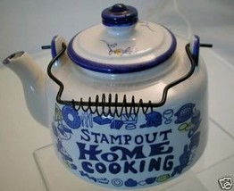 Stamp Out Home Cooking! 1950s Blue &amp; White Humor Teapot - £43.15 GBP