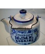 STAMP OUT HOME COOKING! 1950s Blue &amp; White Humor Teapot - £43.16 GBP