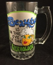 vtg BEAUTY IS IN THE EYE OF THE BEER HOLDER MULTI-COLORED GLASS BEER MUG... - $9.88