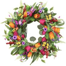 Elegant 22-Inch Spring Summer Wreath - Vibrant Artificial Tulips &amp; Eucal... - $59.35