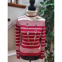 Loft Women&#39;s Red &amp; Cream Cotton Turtle Neck Long Sleeve Pullover Knit Sw... - $21.78