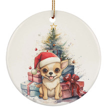 Funny Chihuahua Puppy Dog Santa Hat Pine Tree Christmas Ornament Ceramic Gift - £11.82 GBP
