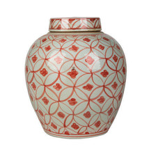 Coral Red Porcelain Ming Jar Coin Motif 11&quot; - £170.55 GBP