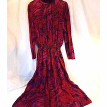 Malia Women&#39;s Button Back Dress Red Purple Floral Midi Mock Neck Long Sleeve 14 - £57.56 GBP