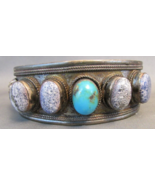 Vintage Silver Large Multi Stone Turquoise Lapis Lepidolite Cuff Bracelet - $200.00