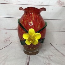 Art Glass Vase Applied Cased Glass Flowers Mottled Hand Blown Ruffled 10... - $56.09