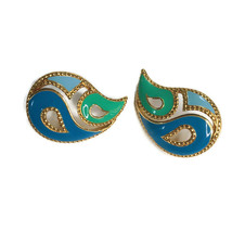 Gold Tone Teardrop Shape Enamel Cloissone Pierced Earrings Blue Green - £9.72 GBP