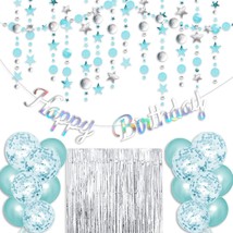 Turquoise Birthday Party Decoration - Sliver Happy Birthday Banner, Blue Glitter - £26.85 GBP