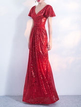 RED Sequin Maxi Dress Gown Women Custom Plus Size Cap Sleeve Party Dress image 2