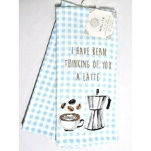 I Have Been Thinking of You a Latte Coffee Kitchen Towels 2-Pc Blue White Check - £13.75 GBP