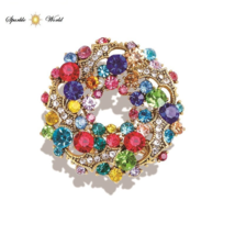 Classic Multi Colours Rhinestones Round Flower Brooch for Women Fashion Gift - £9.79 GBP