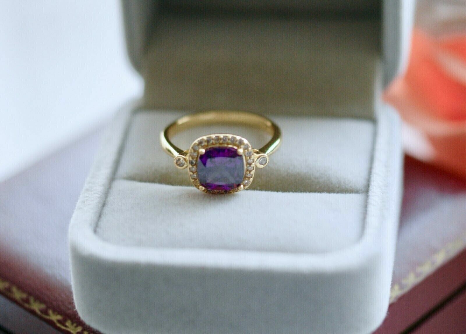 2.50Ct Cushion Cut Lab-Created Amethyst Halo Gift Ring 14k Yellow Gold Plated Item image 3