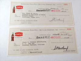 1965 Corsicana Texas Coca Cola Bottling Co Payroll Check set Coke - $14.80