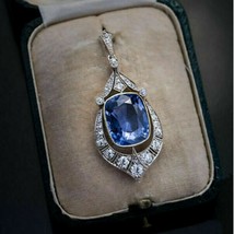 12.47 Ct Simulated Blue Sapphire &amp; Diamond Vintage Art Deco Pendant 18&quot; Silver - £50.21 GBP