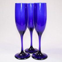 Libbey Champagne Flutes Cobalt Blue 8 3/4&quot; Stemware Set Of 3 Blown Glass Flutes - £21.43 GBP