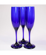 Libbey Champagne Flutes Cobalt Blue 8 3/4" Stemware Set Of 3 Blown Glass Flutes - $26.91
