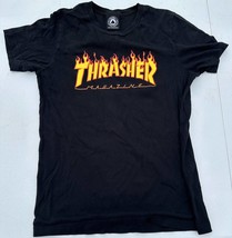 Vintage Y2K Authentic Thrasher Magazine Orange Flame Logo Black T-Shirt ... - £14.00 GBP