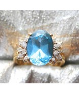 Blue &amp; Crystal Rhinestone  Gold-tone Sterling Silver Ring 1980s vint. si... - £15.68 GBP