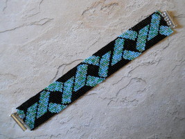 Bracelet, Black &amp; Blue, Geometric &quot;Ribbons&quot; Motif, Peyote Stitch, Tube Clasp - $39.00