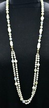 White Silver Metallic Swirl Long Glass Bead Beaded Necklace Vintage - $29.39