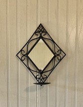 Vtg Black Scroll Wrought Iron Metal Wall Decor Hanging Candle Holder With Mirror - £13.98 GBP