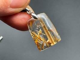 Gold Rutilated Quartz Crystal Pendant Rectangle Jewelry Gift E040318 - £52.28 GBP