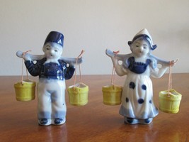 Vintage Japan Dutch Boy Girl Blue White Pail Milk Maid Water Buckets Yoke - $28.49