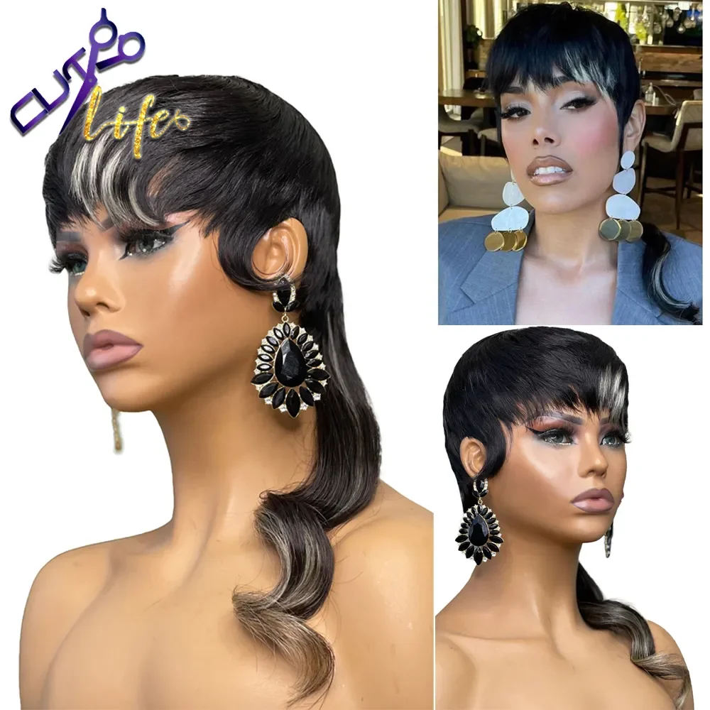 Full Machine Made Wig With Bangs Dovetail Body Wave Glueless  Blonde Mullet - £46.12 GBP+