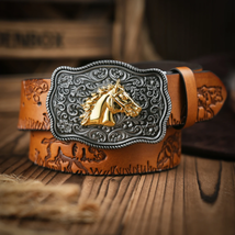 Western Cowboy Leather Buckle Belts Horse Pattern Floral Engraved Buckle  - £14.56 GBP+