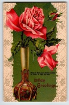 Birthday Flowers Postcard Embossed Pink Red Roses Bud Vase Germany Vintage 118 - £8.42 GBP