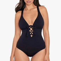 SkinnyDippers by Miraclesuit Sz S Peach Swimsuit Black Plunge One-Piece $124! - £50.63 GBP
