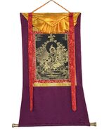 ORIGINAL HAND-PAINTED GREEN TARA TIBETAN THANGKA BLACK N GOLD WITH SILK ... - €156,35 EUR