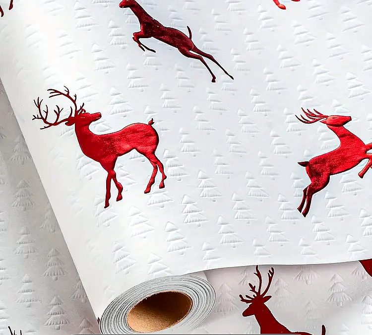 Elegant Red Reindeer Stamped White XMAS Tree wrapping paper, short roll Item image 2