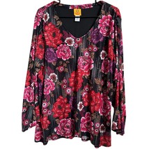 Ruby Rd. Blouse Size 2X Floral Sequins Sparkles Red Black Multicolor Polyester - £12.11 GBP