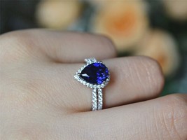 3.00Ct Pear Cut Simulated Sapphire Halo Engagement Ring 14K White Gold Plated - £96.21 GBP