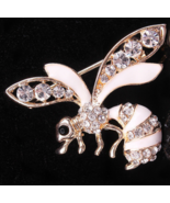 Rhinestone Honey Bee Pin Broach Lapel Pin Gold-Cream Colored Bee Jewelry - £14.38 GBP