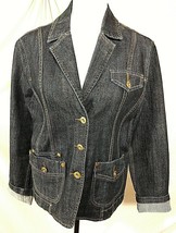 BACCINI Jean Blazer Womens Large Denim Jacket Pockets Buttons Cuffs Dark Wash - £17.12 GBP