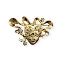 Vtg Gold Tone Masquerade Mardi Gras Carnival  Metal Brooch Pin w/ Rhinestones - £9.98 GBP