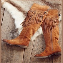Rustic Fringed Full Grain Suede Leather Zip Tall Knee High Tassel Cowgirl Boots