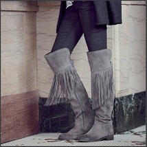 Rustic Fringed Full Grain Suede Leather Zip Tall Knee High Tassel Cowgirl Boots image 2