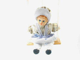 Collectible Doll with Ceramic Head Figurine on a Wood Swing w/ Window Ha... - $6.92
