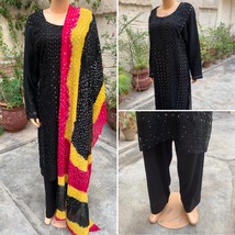 Pakistani  Black Straight Style Fancy Embroidered 3Pcs Chiffon Dress,L - $108.90