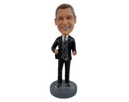 Custom Bobblehead Happy Businessman wearing a suit and wth a male-purse on the s - £69.51 GBP