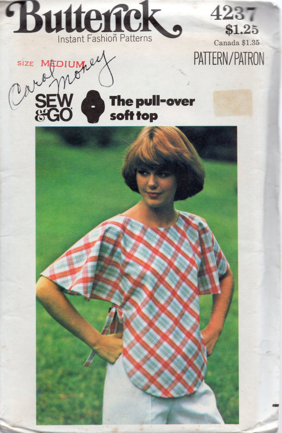 Butterick 4237 Vintage 1970s Side Ties Pullover Top SEW & GO Medium Cut - $4.00