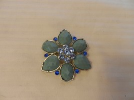 Vintage Green, Blue and Clear Faux Stone Flower Design Broach 2&quot; diameter - £31.47 GBP
